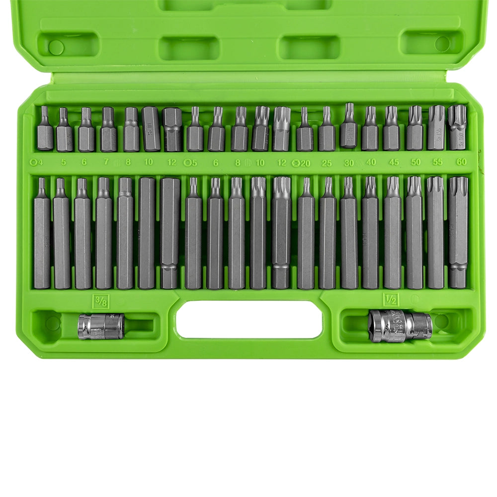 MALETÍN DE 42 PUNTAS HEXAGONALES, 12 CANTOS Y TORX DE 1/2" Y 3/8"