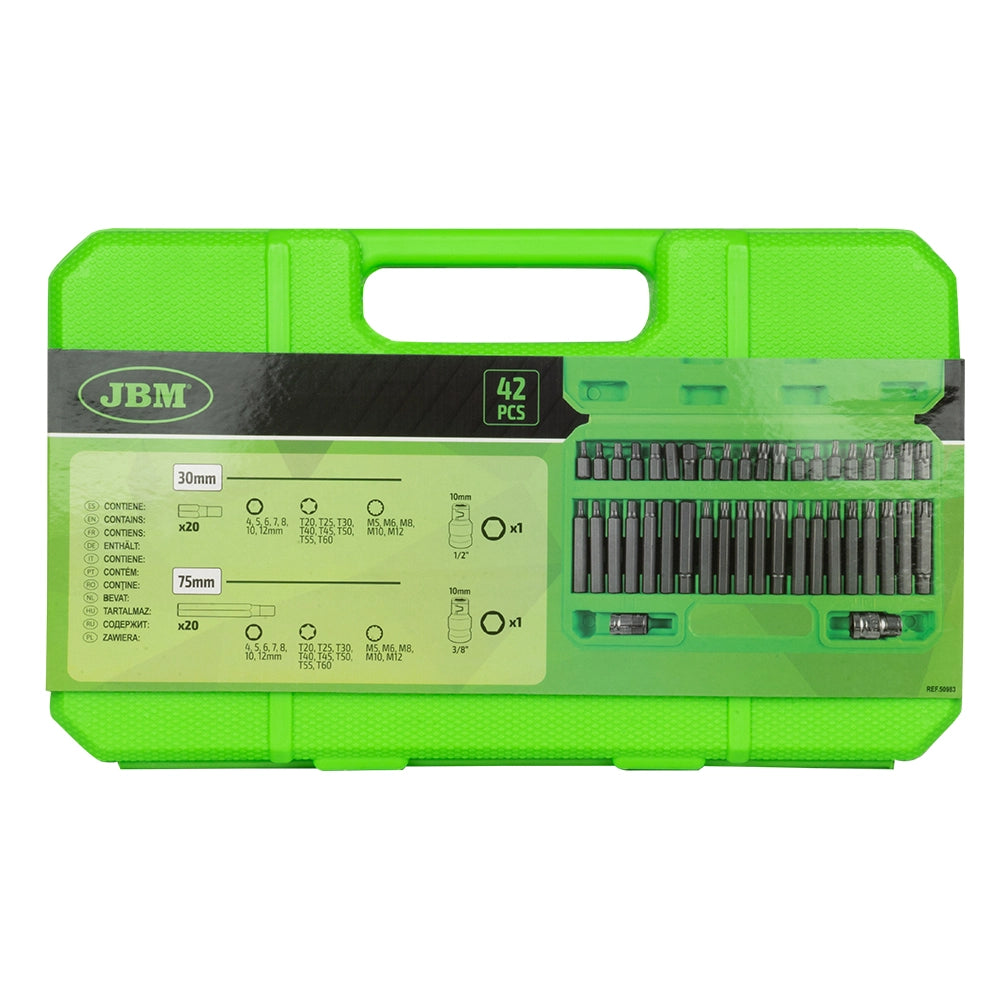 MALETÍN DE 42 PUNTAS HEXAGONALES, 12 CANTOS Y TORX DE 1/2" Y 3/8"