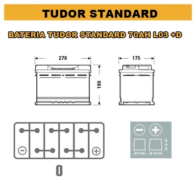BATERIA TUDOR STANDARD 70AH 640EN L3+D